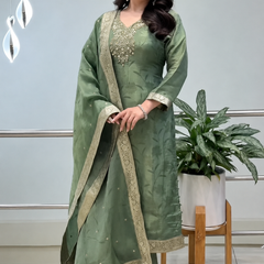 Royal Sage Green Embroidered Ethnic Suit Set with Elegant Dupatta