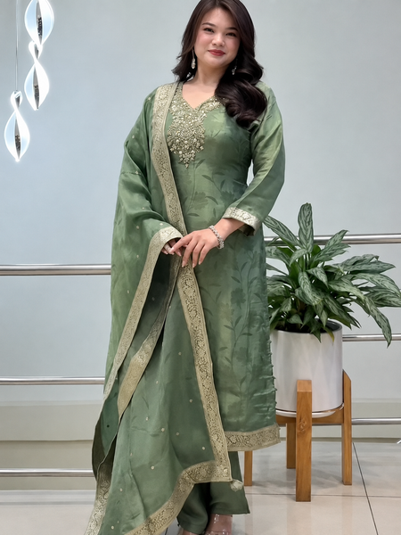 Royal Sage Green Embroidered Ethnic Suit Set with Elegant Dupatta