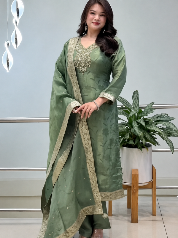 Royal Sage Green Embroidered Ethnic Suit Set with Elegant Dupatta