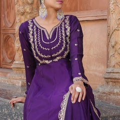 Women's Royal Embroidered Flowy Kurta Set with Dupatta