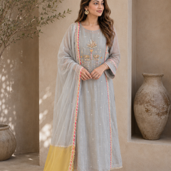 Elegant Embroidered Cotton Blend Kurta Set with Contrast Pink Dupatta