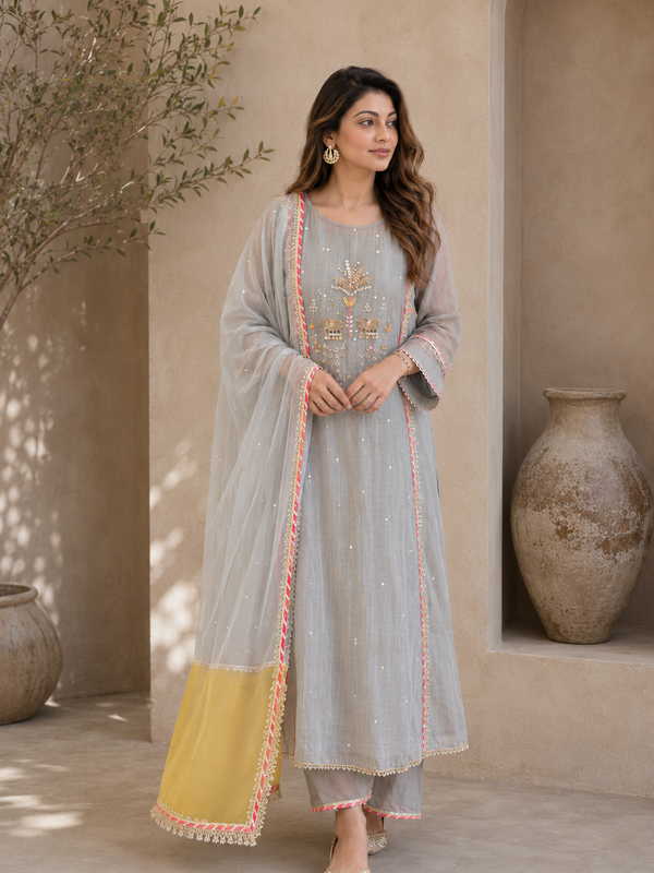 Elegant Embroidered Cotton Blend Kurta Set with Contrast Pink Dupatta