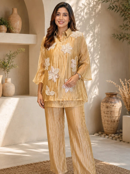 Champagne Three-D Floral Embellished Crinkle Co-Ord Set