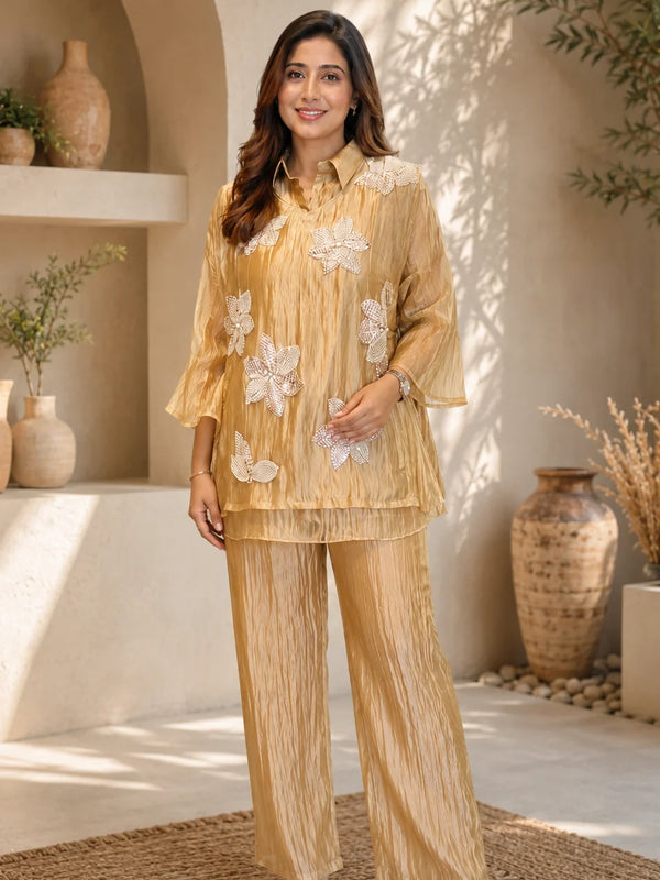 Champagne Three-D Floral Embellished Crinkle Co-Ord Set