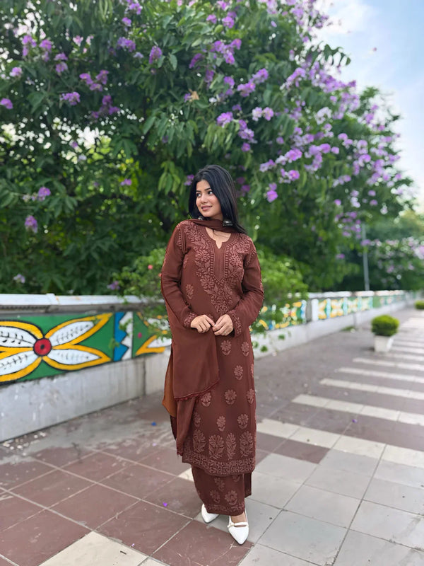 Elegant Olive Green Floral Embroidered Kurta Pant Set with Dupatta