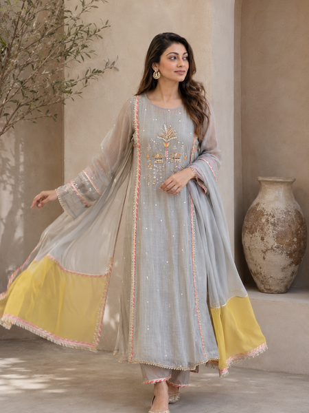 Elegant Embroidered Cotton Blend Kurta Set with Contrast Yellow Dupatta