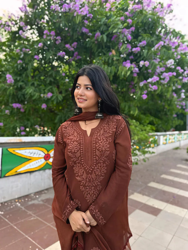 Elegant Olive Green Floral Embroidered Kurta Pant Set with Dupatta