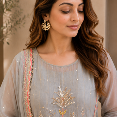 Elegant Embroidered Cotton Blend Kurta Set with Contrast Pink Dupatta