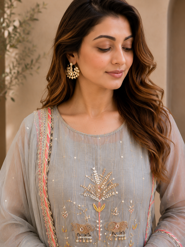 Elegant Embroidered Cotton Blend Kurta Set with Contrast Pink Dupatta