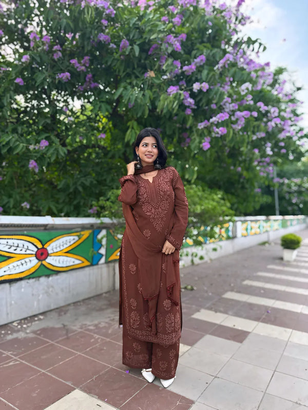 Elegant Olive Green Floral Embroidered Kurta Pant Set with Dupatta