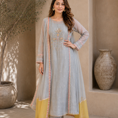 Elegant Embroidered Cotton Blend Kurta Set with Contrast Pink Dupatta
