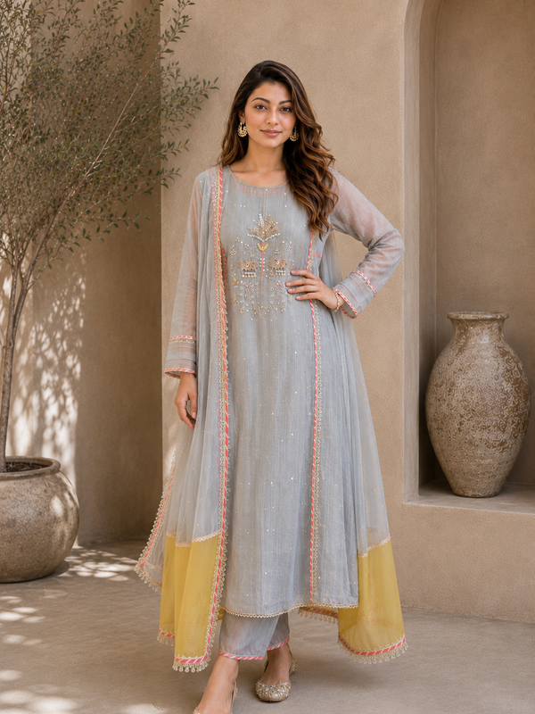 Elegant Embroidered Cotton Blend Kurta Set with Contrast Pink Dupatta