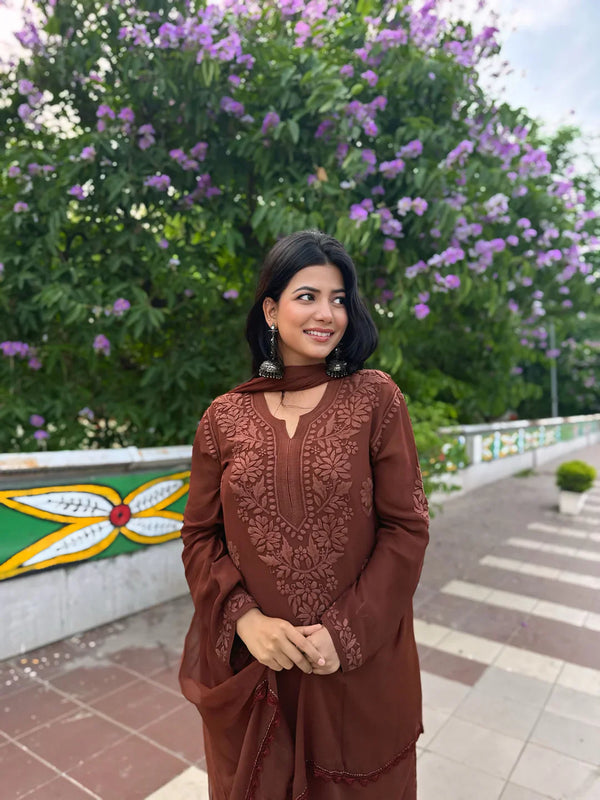 Elegant Olive Green Floral Embroidered Kurta Pant Set with Dupatta