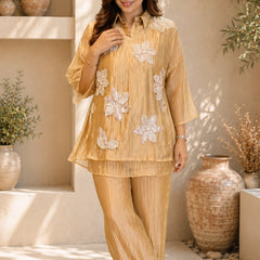 Champagne Three-D Floral Embellished Crinkle Co-Ord Set