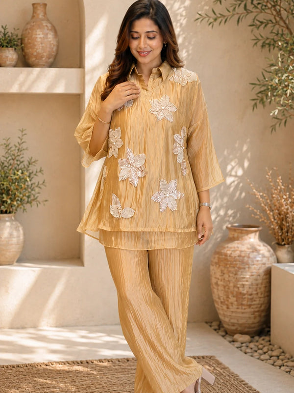 Champagne Three-D Floral Embellished Crinkle Co-Ord Set