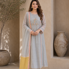 Elegant Embroidered Cotton Blend Kurta Set with Contrast Pink Dupatta
