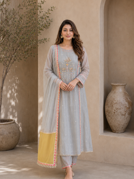 Elegant Embroidered Cotton Blend Kurta Set with Contrast Yellow Dupatta