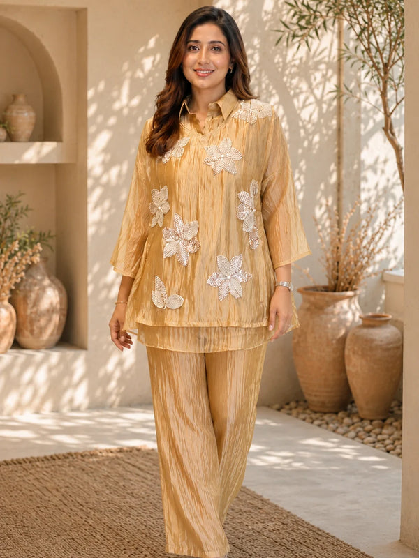 Champagne Three-D Floral Embellished Crinkle Co-Ord Set