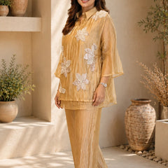 Champagne Three-D Floral Embellished Crinkle Co-Ord Set