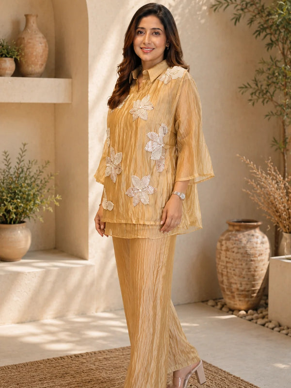 Champagne Three-D Floral Embellished Crinkle Co-Ord Set