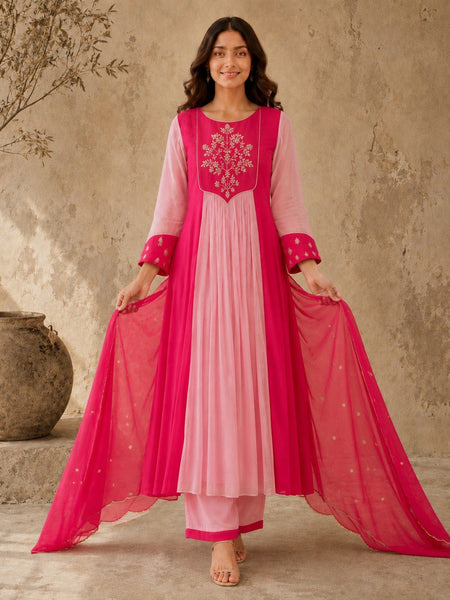 Pink Embroidered Anarkali Suit Set with Pink Dupatta