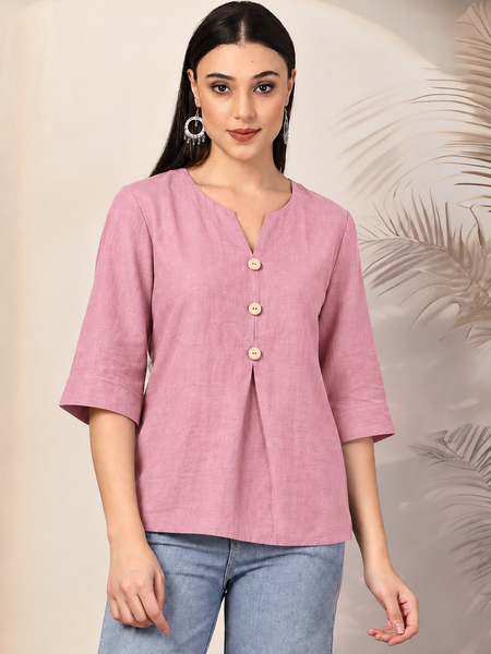 Women Solid Color V-Neck 3/4 Sleeve Cotton Top