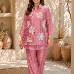 Champagne Three-D Floral Embellished Crinkle Co-Ord Set
