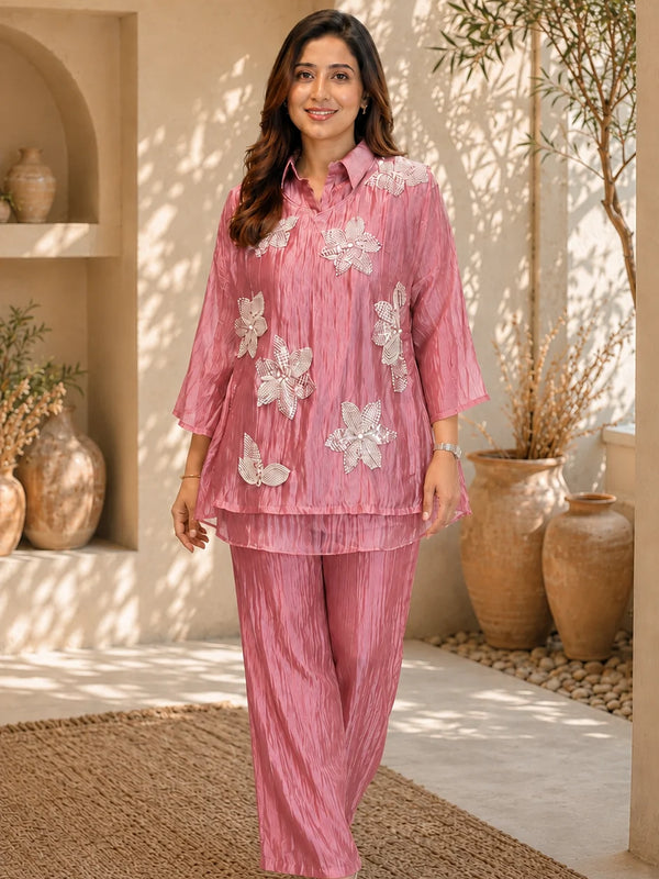 Champagne Three-D Floral Embellished Crinkle Co-Ord Set