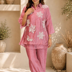 Champagne Three-D Floral Embellished Crinkle Co-Ord Set