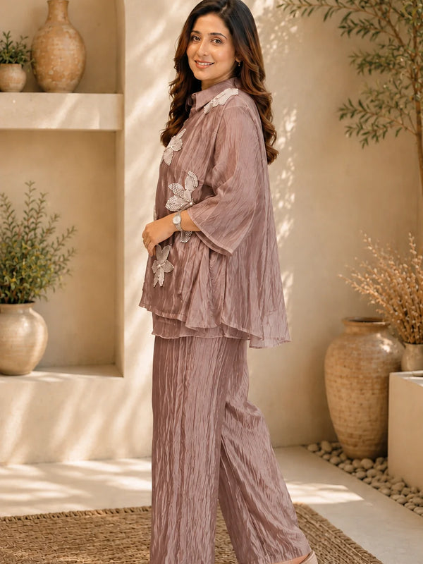 Champagne Three-D Floral Embellished Crinkle Co-Ord Set