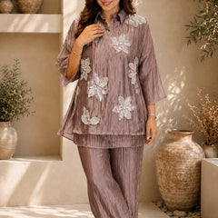 Champagne Three-D Floral Embellished Crinkle Co-Ord Set