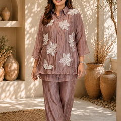 Champagne Three-D Floral Embellished Crinkle Co-Ord Set