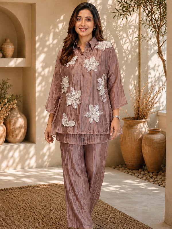 Champagne Three-D Floral Embellished Crinkle Co-Ord Set