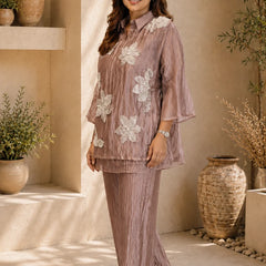 Champagne Three-D Floral Embellished Crinkle Co-Ord Set