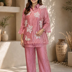 Champagne Three-D Floral Embellished Crinkle Co-Ord Set