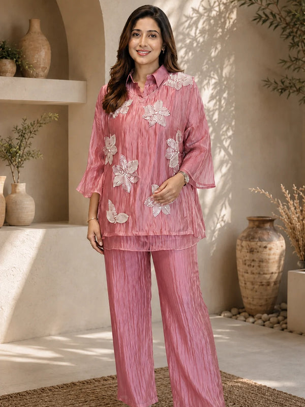 Champagne Three-D Floral Embellished Crinkle Co-Ord Set