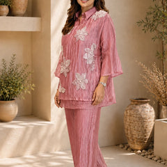 Champagne Three-D Floral Embellished Crinkle Co-Ord Set