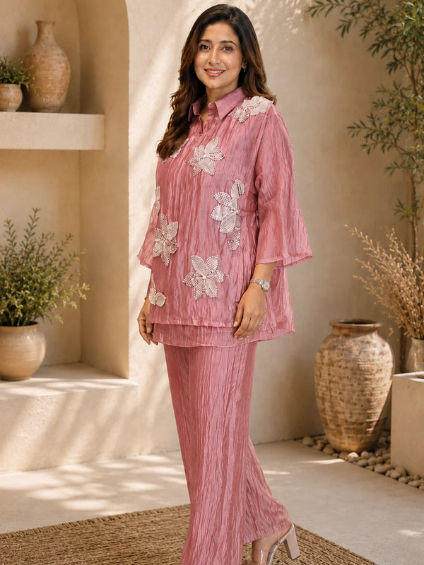 Champagne Three-D Floral Embellished Crinkle Co-Ord Set