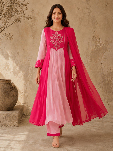 Pink Embroidered Anarkali Suit Set with Pink Dupatta