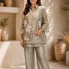 Champagne Three-D Floral Embellished Crinkle Co-Ord Set