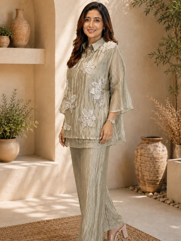 Champagne Three-D Floral Embellished Crinkle Co-Ord Set