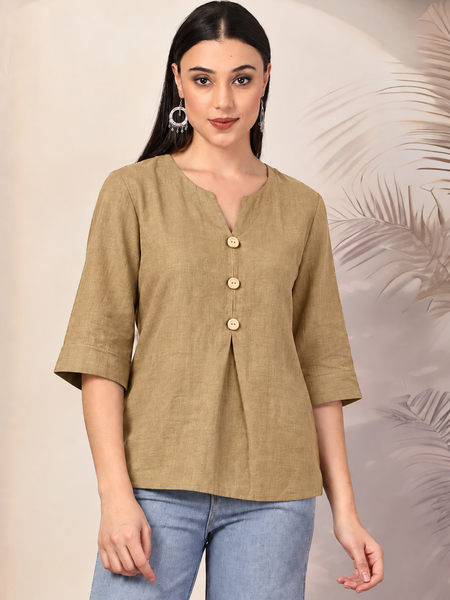 Women Solid Color V-Neck 3/4 Sleeve Cotton Top