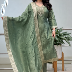 Royal Sage Green Embroidered Ethnic Suit Set with Elegant Dupatta