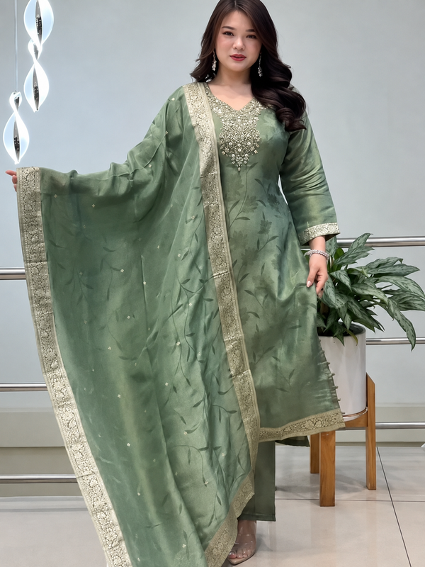 Royal Sage Green Embroidered Ethnic Suit Set with Elegant Dupatta