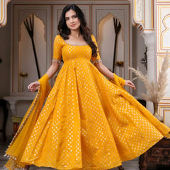 Festive & Wedding Wear Marigold Yellow Banarasi Anarkali Suit Set for woman