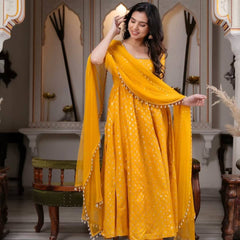 Festive & Wedding Wear Marigold Yellow Banarasi Anarkali Suit Set for woman