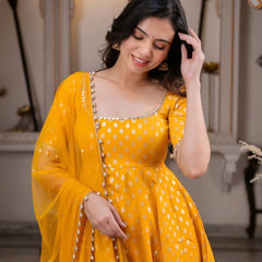Festive & Wedding Wear Marigold Yellow Banarasi Anarkali Suit Set for woman