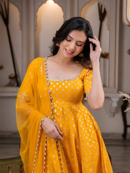 Festive & Wedding Wear Marigold Yellow Banarasi Anarkali Suit Set for woman