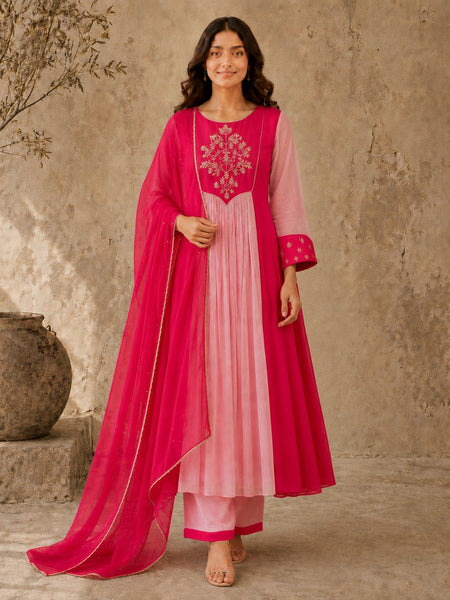 Pink Embroidered Anarkali Suit Set with Pink Dupatta
