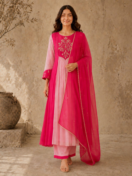 Pink Embroidered Anarkali Suit Set with Pink Dupatta